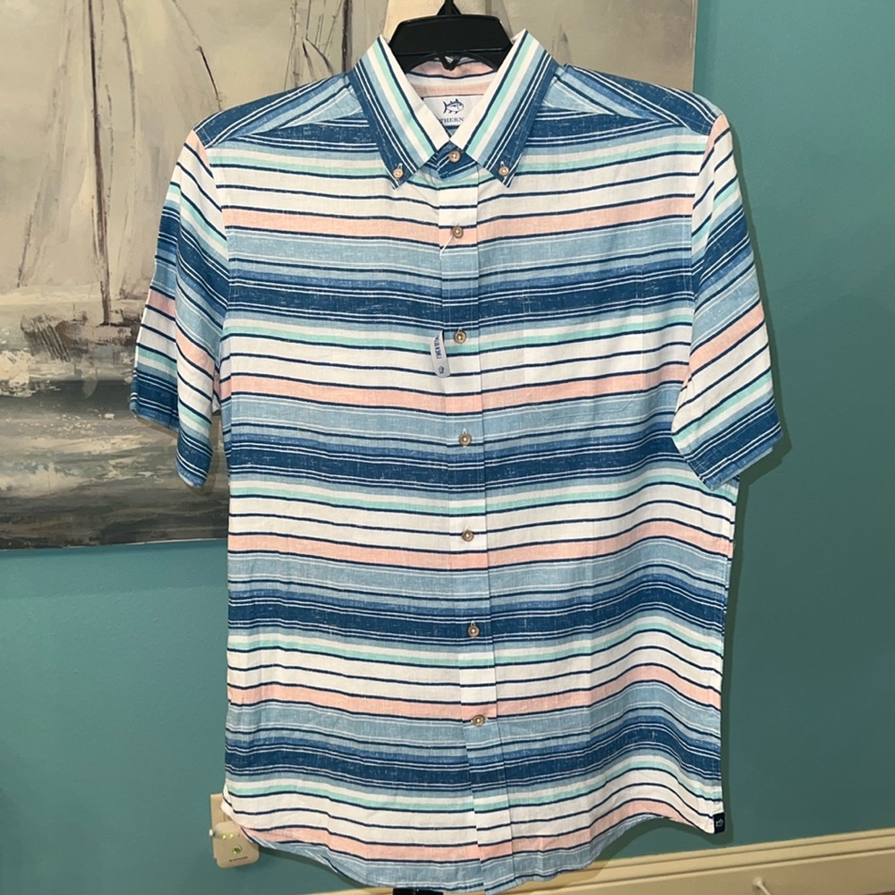 NWT Southern Tide Cooley Stripe Linen Sports Shirt, Medium